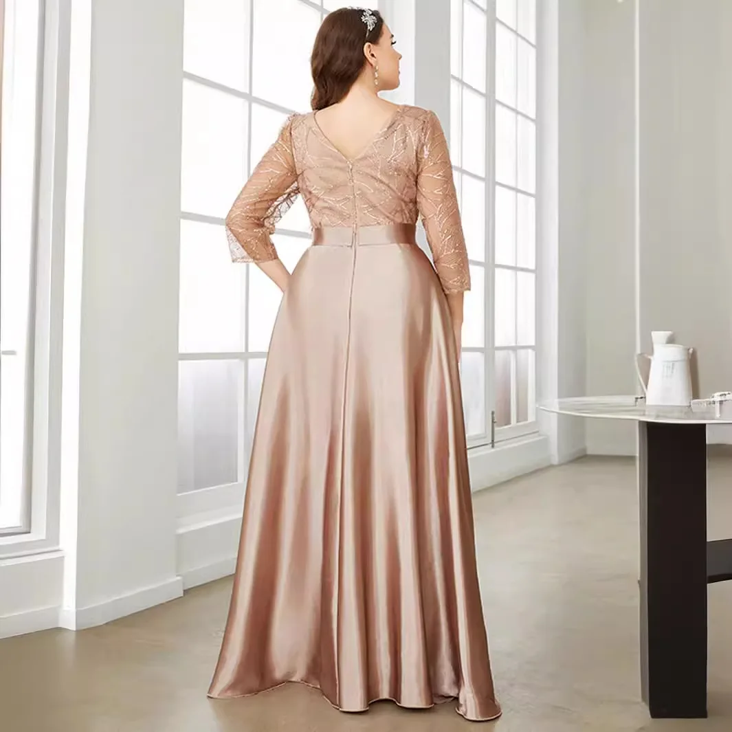 Crew neck long sleeve sequin patchwork satin long gown ball dress Party dress Bridesmaid dress