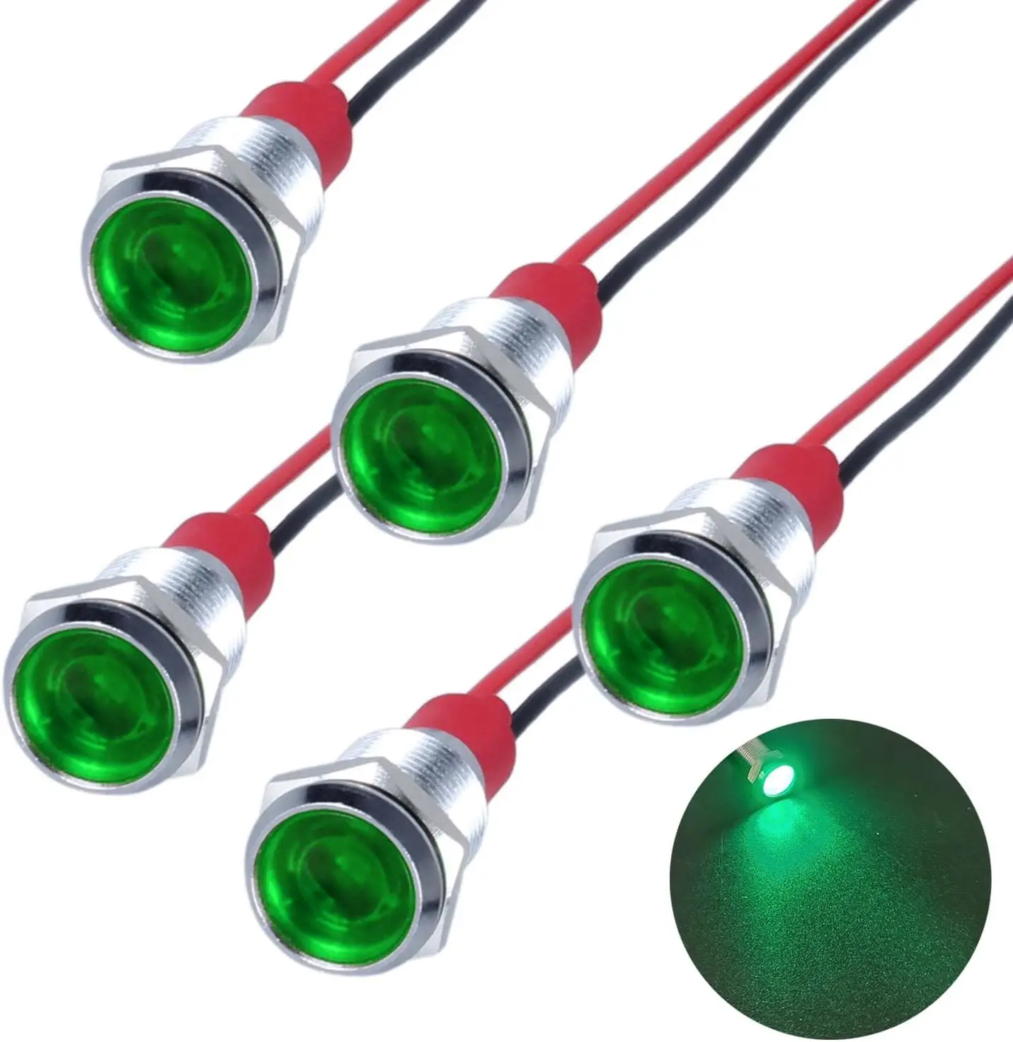 

5 шт. светодиодных индикаторных ламп 12В-24В, водонепроницаемые сигнальные лампы с широкой плоской головкой и проводом для приборной панели (зеленые)