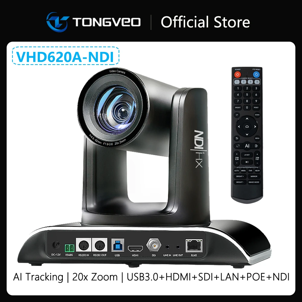 Tongveo AI Auto Tracking 20X Zoom 1080P 60fps NDI PTZ Camera HDMI USB SDI Lan POE IP Live Streaming Camera for Church Education