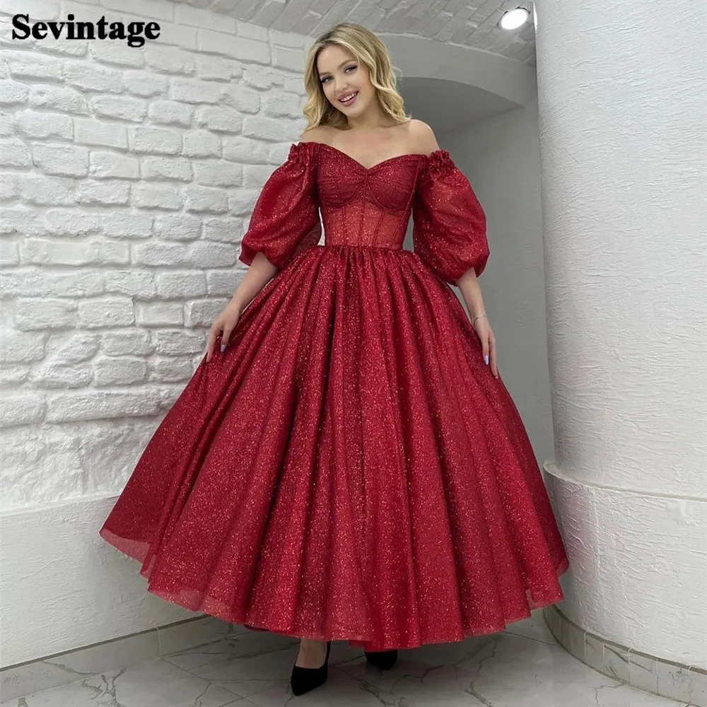 

Sevintage Exquisite Red Glitter SequinProm Dresses Half Puff Sleeves Pleat Ruched Homecoming Dress vestidos de graduación 2023