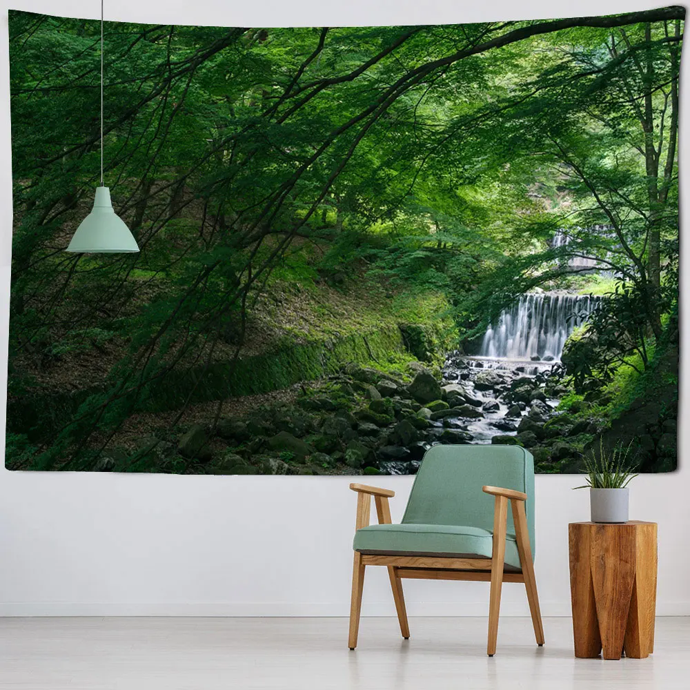 Natural mountain and river tapestry landscape, jungle waterfall wall hanging, suitable for home, office and dormitory decoration