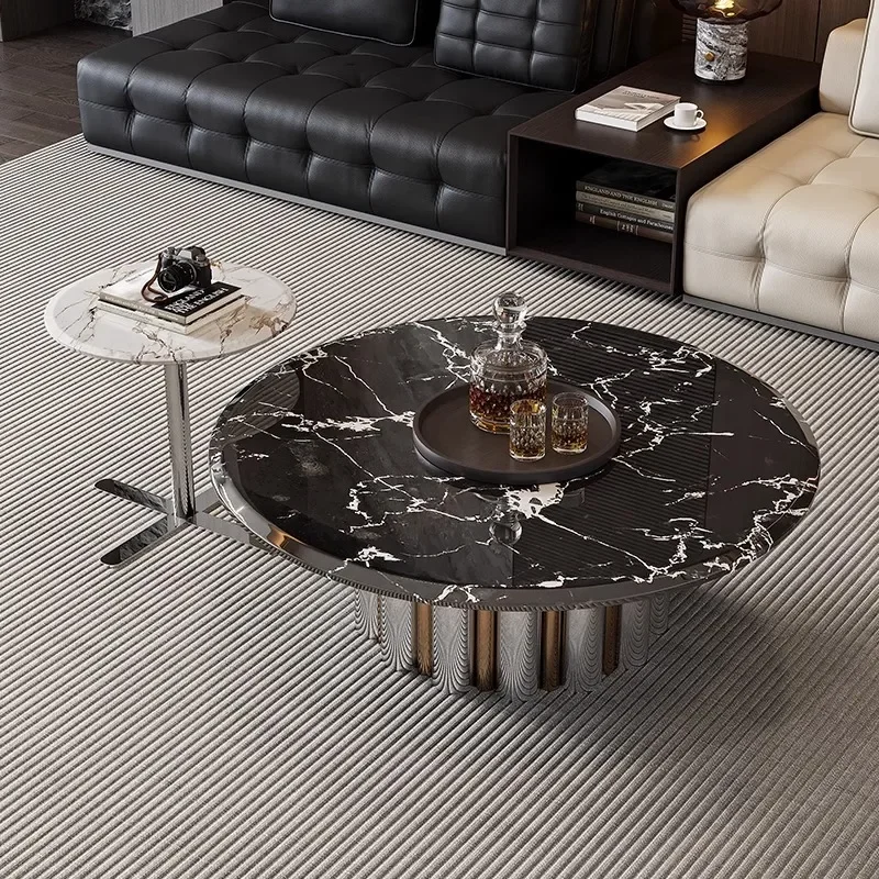 

Minimalist marble coffee table modern simple stainless steel light luxury small living room household round edge table combinati