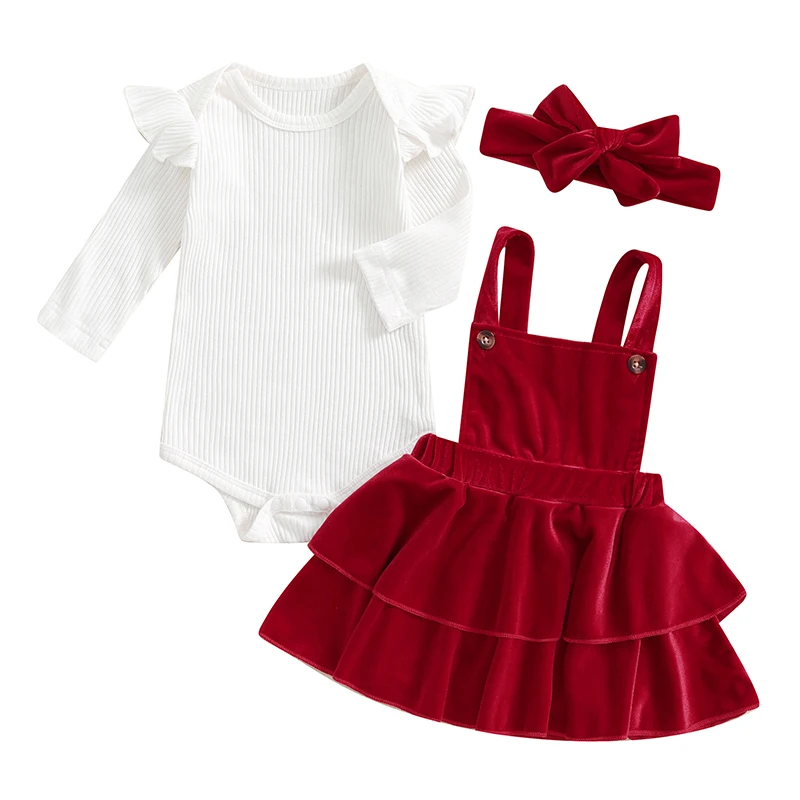 

Baby Girl Christmas Outfit Solid Color Long Sleeve Ribbed Romper Velvet Suspender Skirt Set Newborn Infant Clothes