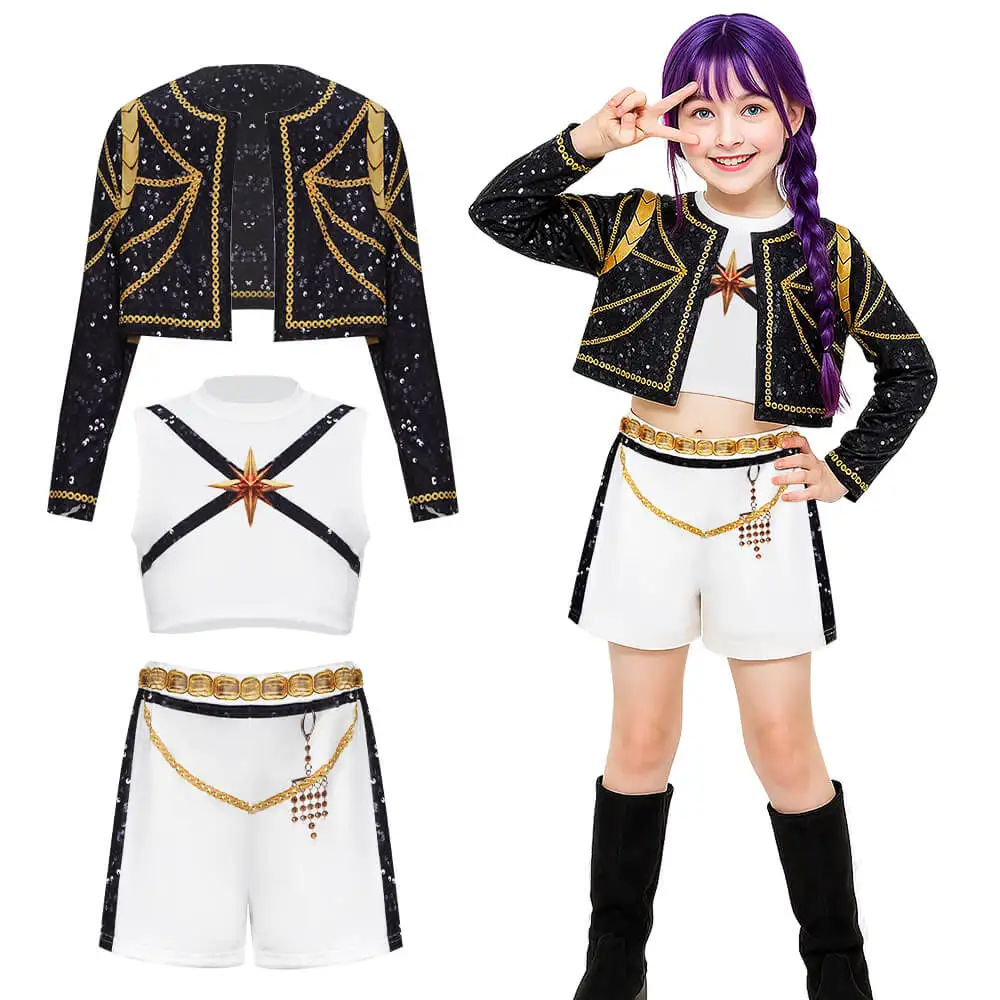 

Kids Rumi Printed Style Golden Stage Outfit Cosplay Costume Demon Hunter Fancy Dress Role Play Halloween Carnival Party Clothing