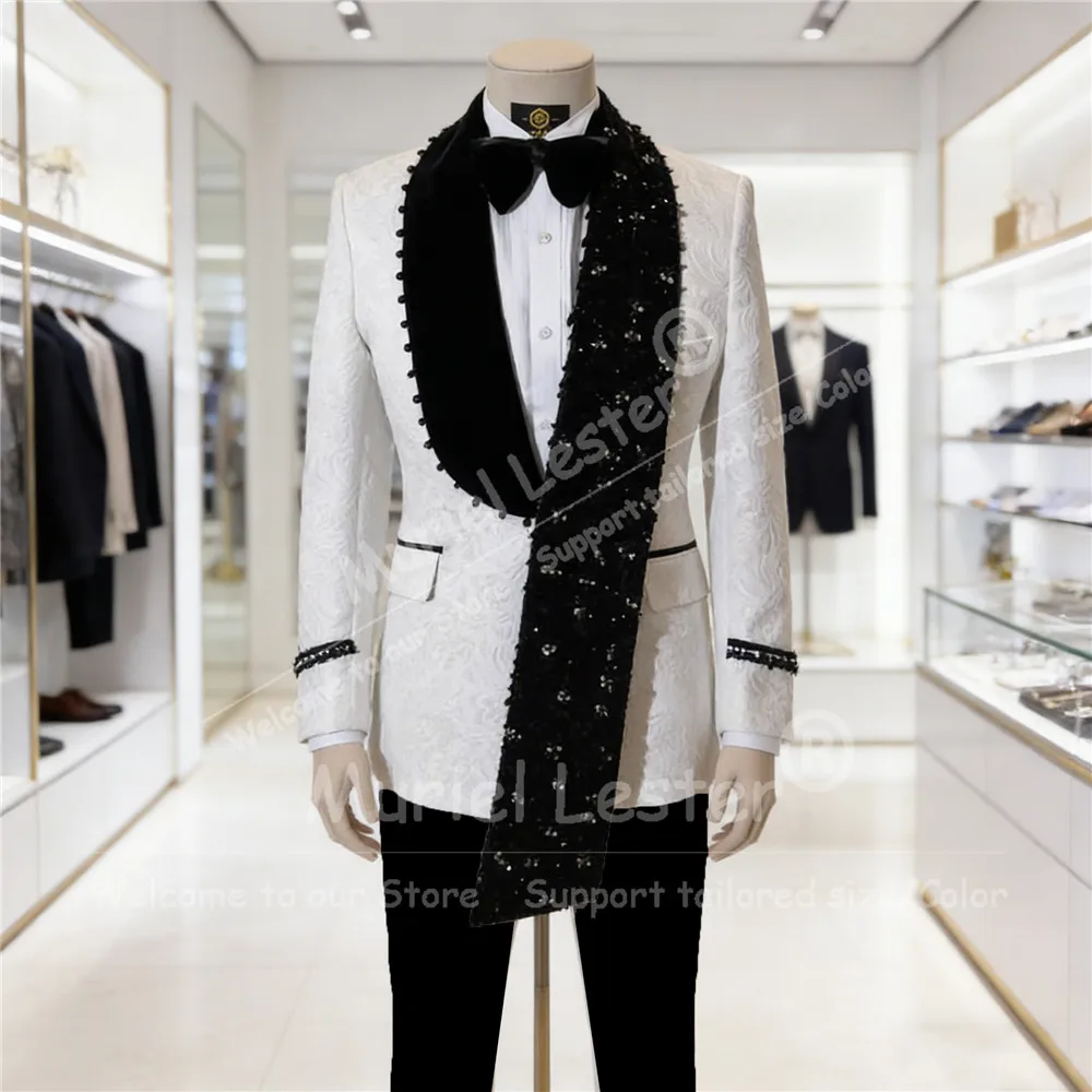 

Exclusive Pearls Beaded Jacquard Suit Men Slim Fit Jacket Pants 2 Piece Set Groom Tuxedos Customized Man Party Gather Outfits