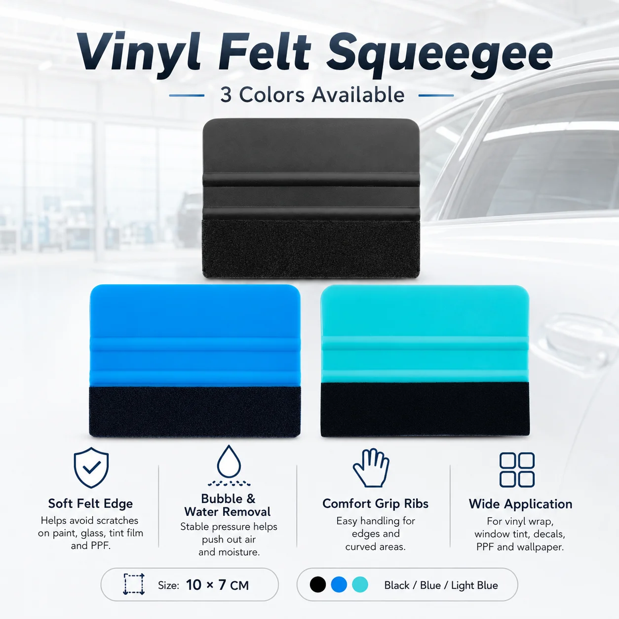 Felt Edge Plastic Squeegee Anti-Scratch Bubble Water Removal Car Wrap Tool for Vinyl Wrap, Paint Protection Film and Window Tint