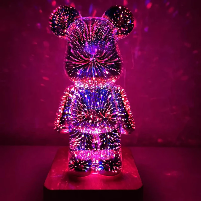 Fireworks Night Light 3D Bear Glass Led Lamp Room Decor Atmosphere Colorful Lights for Coffee Bar Bedroom USB Wood Base Lighting