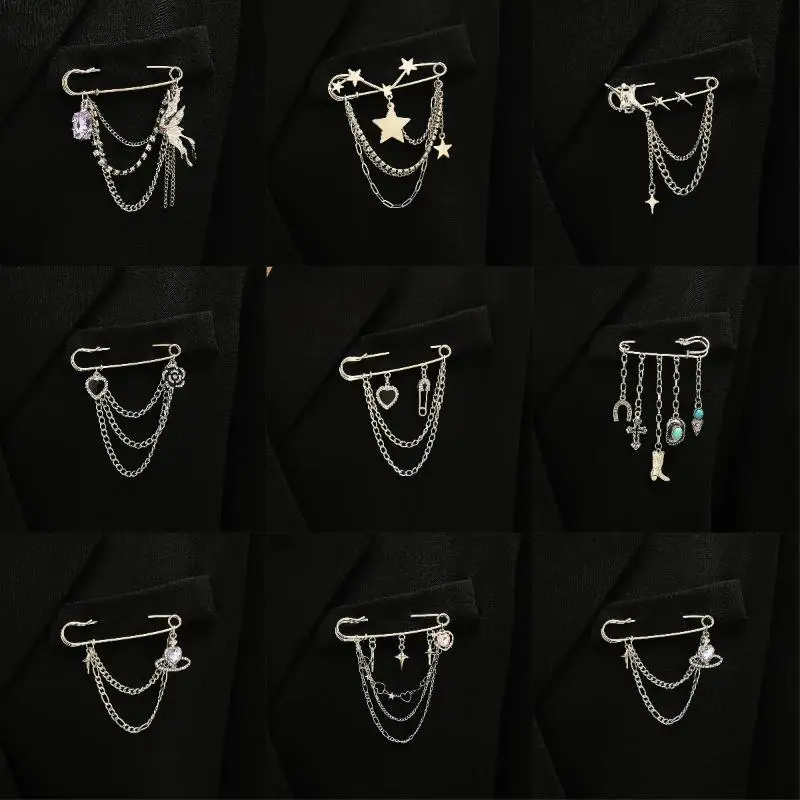 Punk Tassel Brooch Love Butterfly Chain Paper Clip Multi Element Retro Pants Chain Cool Hip-Hop Gothic Brooches Accessories