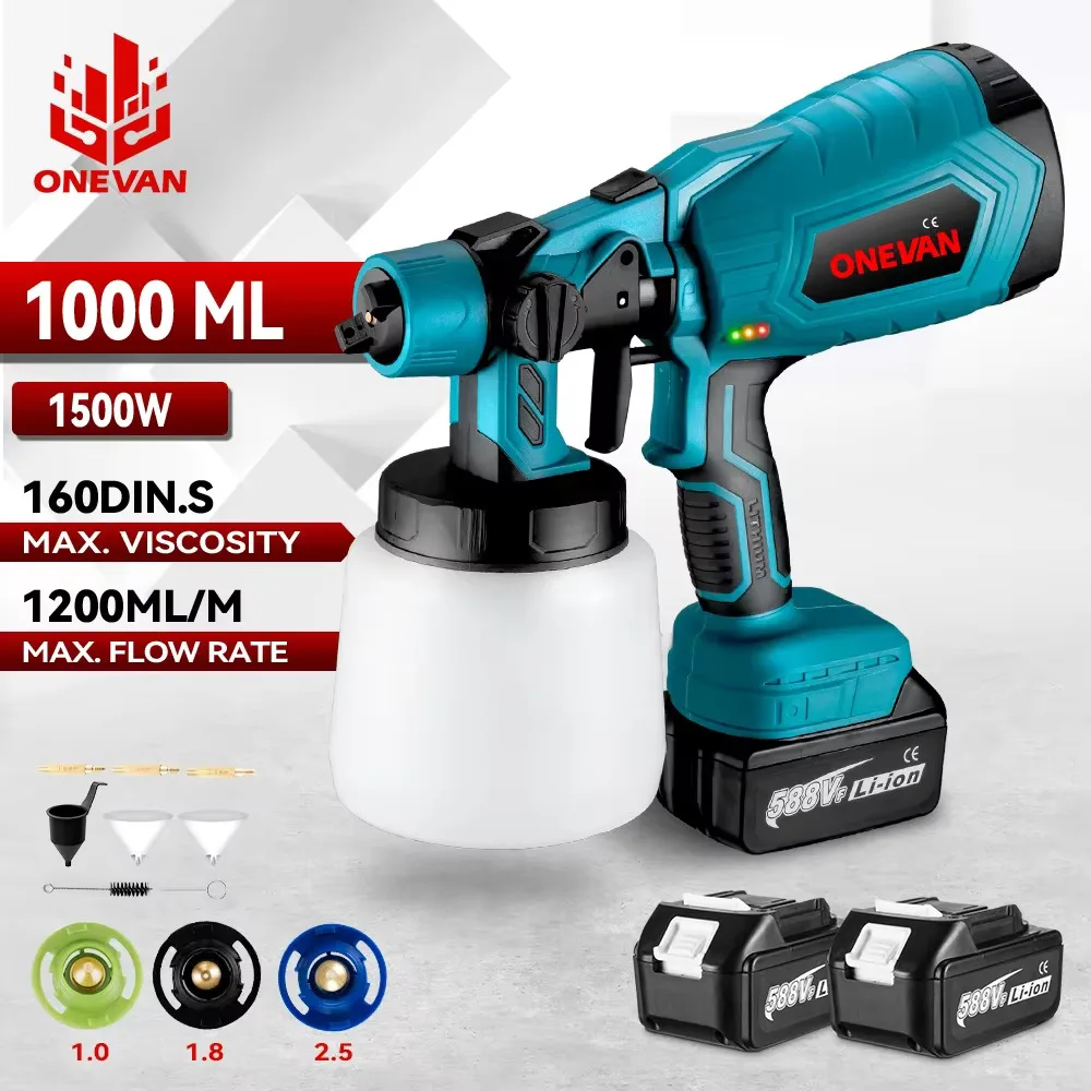 Onevan-コードレス電気ペイントスプレーガン,充電式,自動家具,スチールツール,makita 18vバッテリー,1000ml