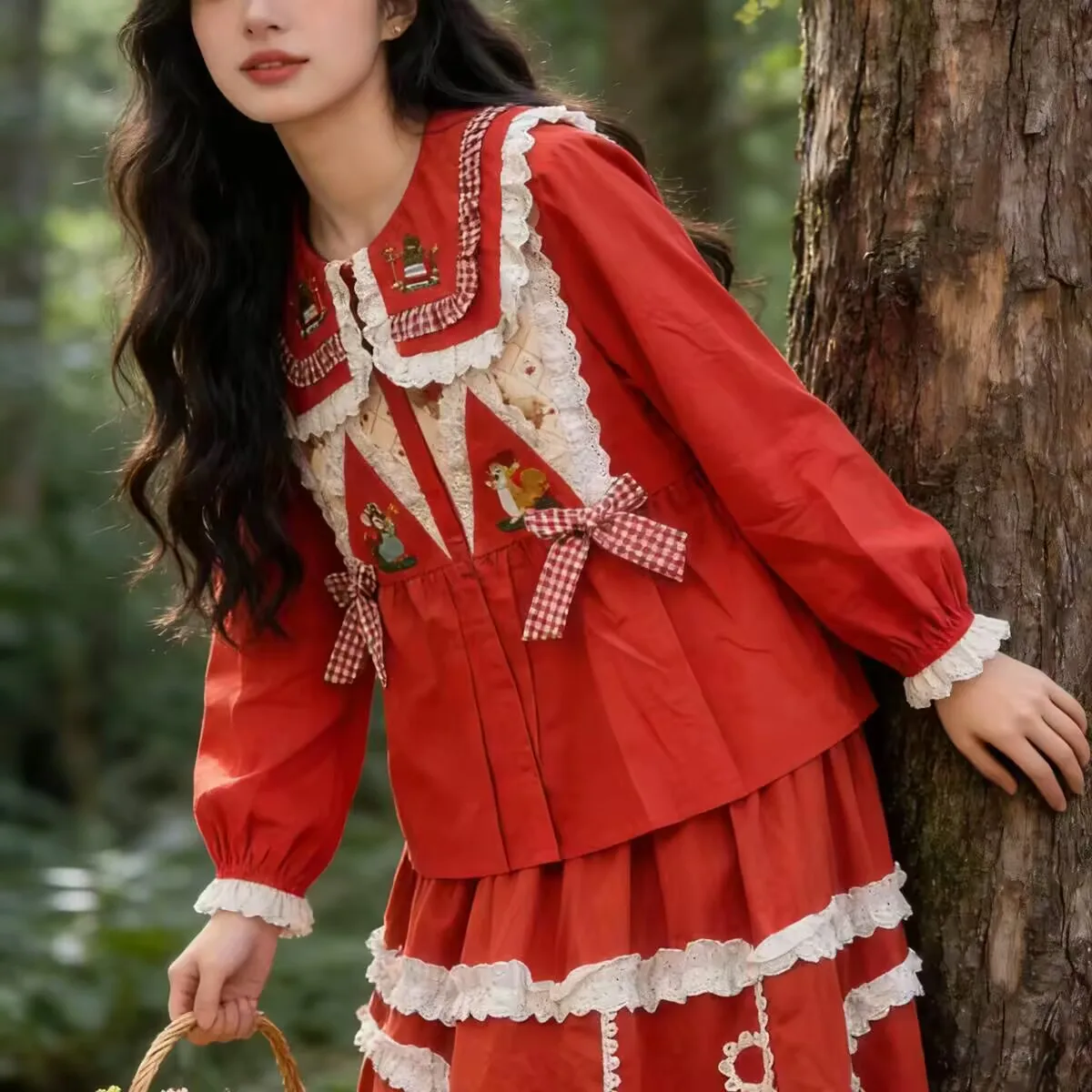 

Sweet Girl Cotton Red Color Long-sleeved Shirt Spring Autumn Lace Retro Loose Kawaii Doll Shirt Top Womens Blouse