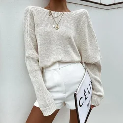 Women Sexy V-Neck Open Back Sweaters Casual Solid Loose Cross Knitted Pullover Women Batwing Long Sleeve Sweater Tops Pullovers