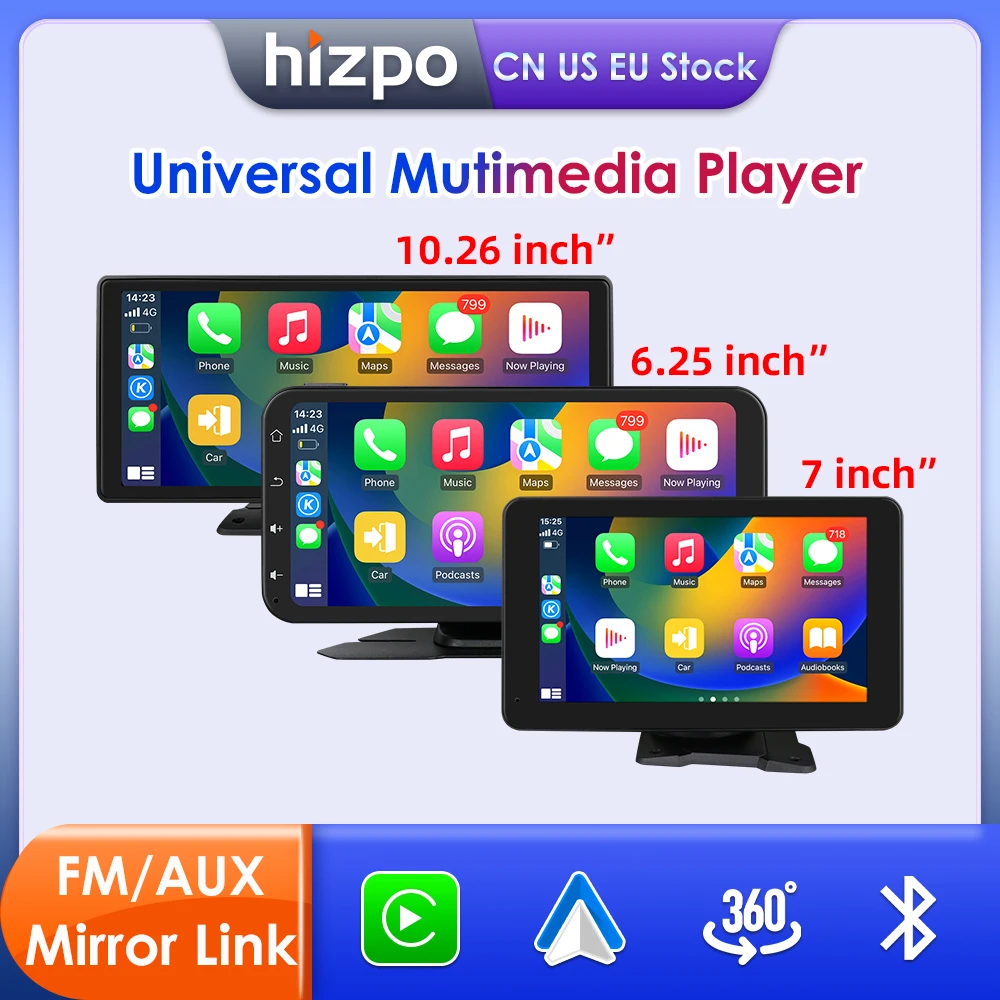 Hizpo 360° Rotatable Adjustable Monitor Universal Car Radio Multimedia Video Player Wireless Carplay Wireless Android Auto FM BT