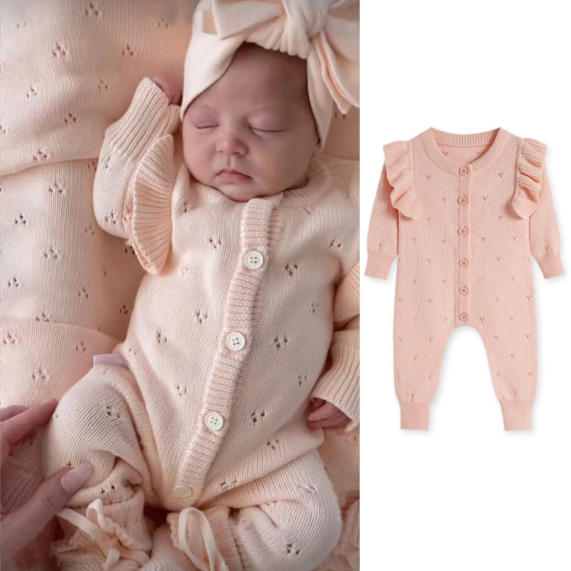 

Зимняя одежда из 100% хлопка для новорожденных девочек 0-3 лет, вязаный комбинезон с длинными рукавами, свитер, толстый теплый комбинезон, трикотаж принцессы