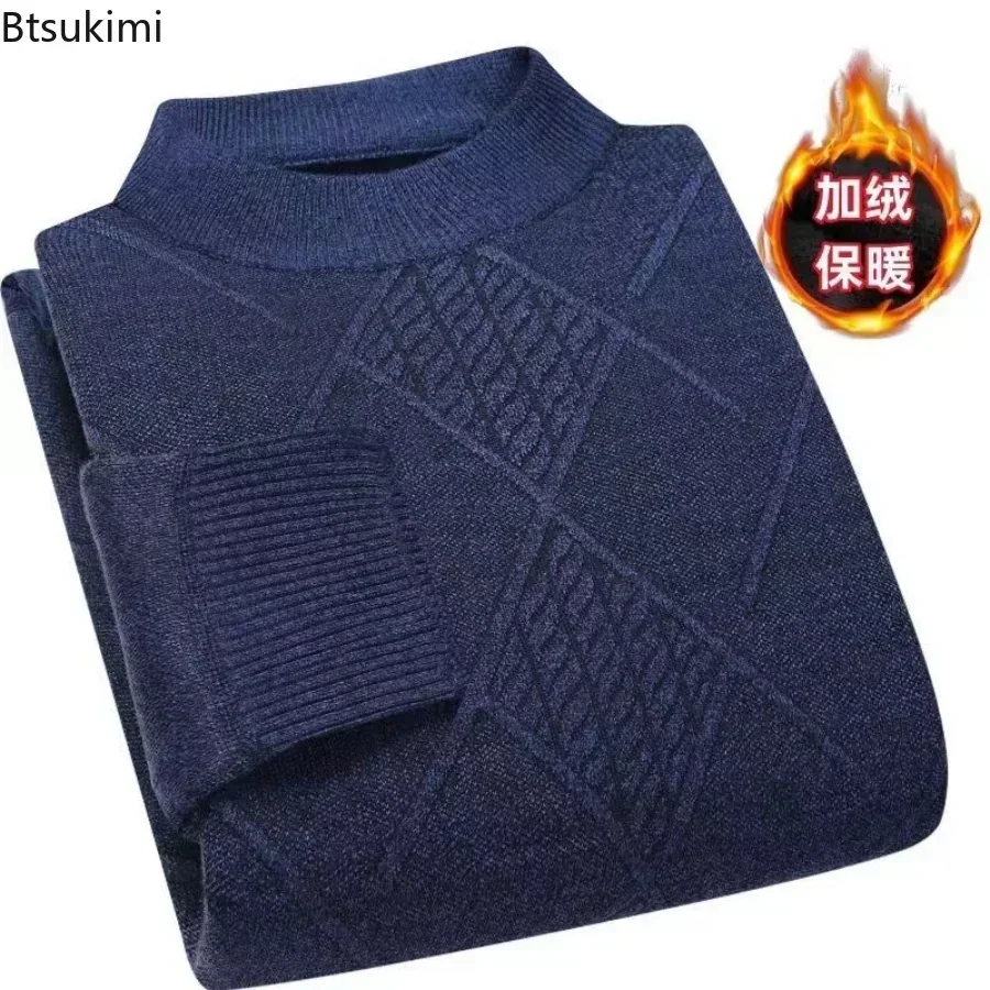 2024 Men\'s Autumn Winter Warm Sweater Solid Pullovers Male Thick Jumpers Knitwear Round Neck Casual Clothing Knitted Sweater Men