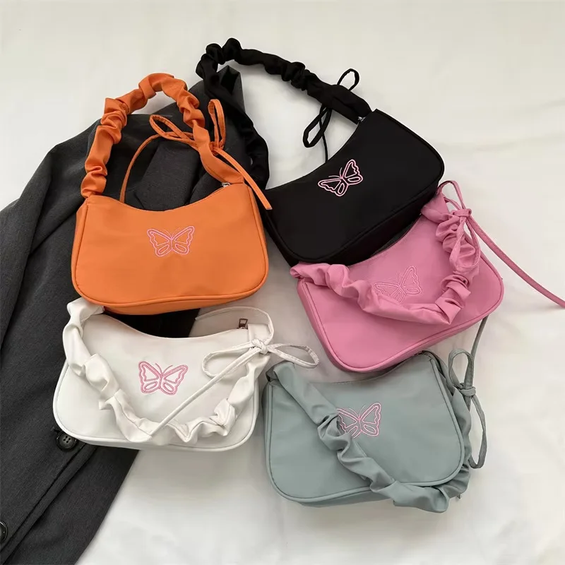 Embroidery Bowknot Butterfly Shoulder Bag Y2k-Style Ruffle Handle Nylon Bow Tote Bag Makeup Lipstick Bag Hand Bag Girl Gifts
