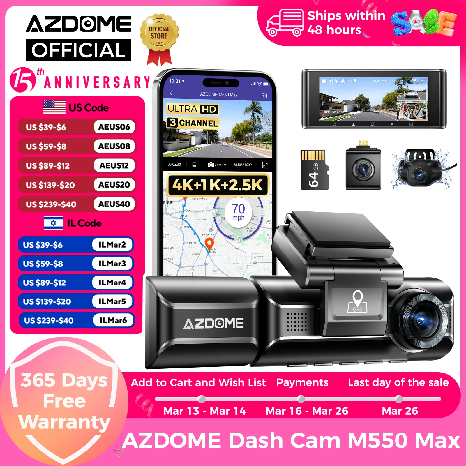 

AZDOME M550 Max Dash Cam Ultra HD 4K+1K+2.5K 3.18”Screen Built-in GPS Wifi Car DVR 24H Parking Monitor Night Vision w/ Rear Cam