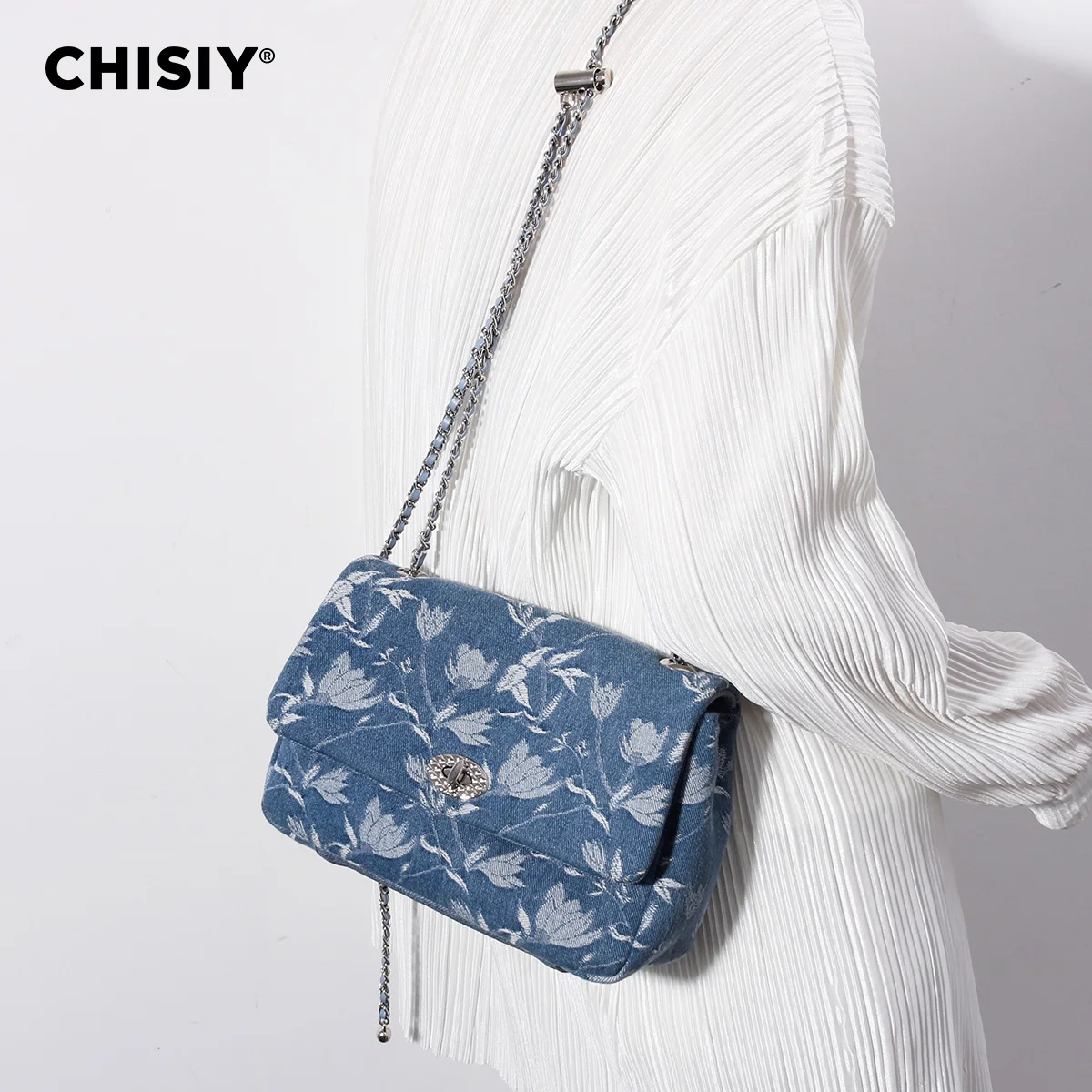 CHISIY Original Handmade Flower Embroidered Denim Chain Bag Fashion Dating Commuter One Shoulder Crossbody Bag