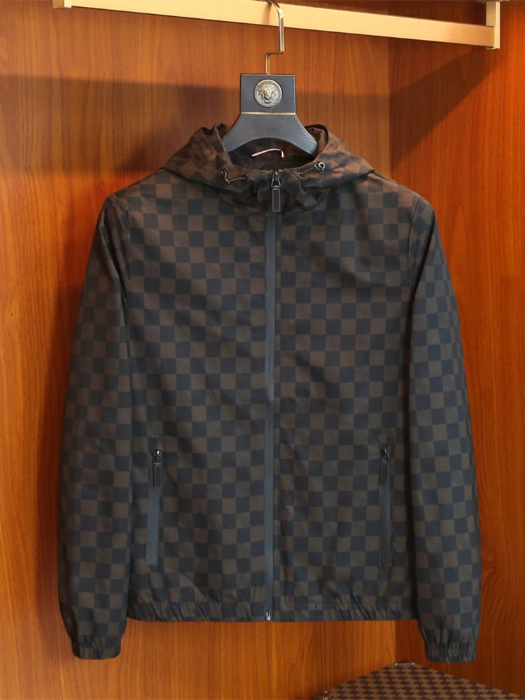 

Мужская демисезонная тонкая куртка с капюшоном в мелкую клетку, приталенная, модная городская, с длинными рукавами, на молнии