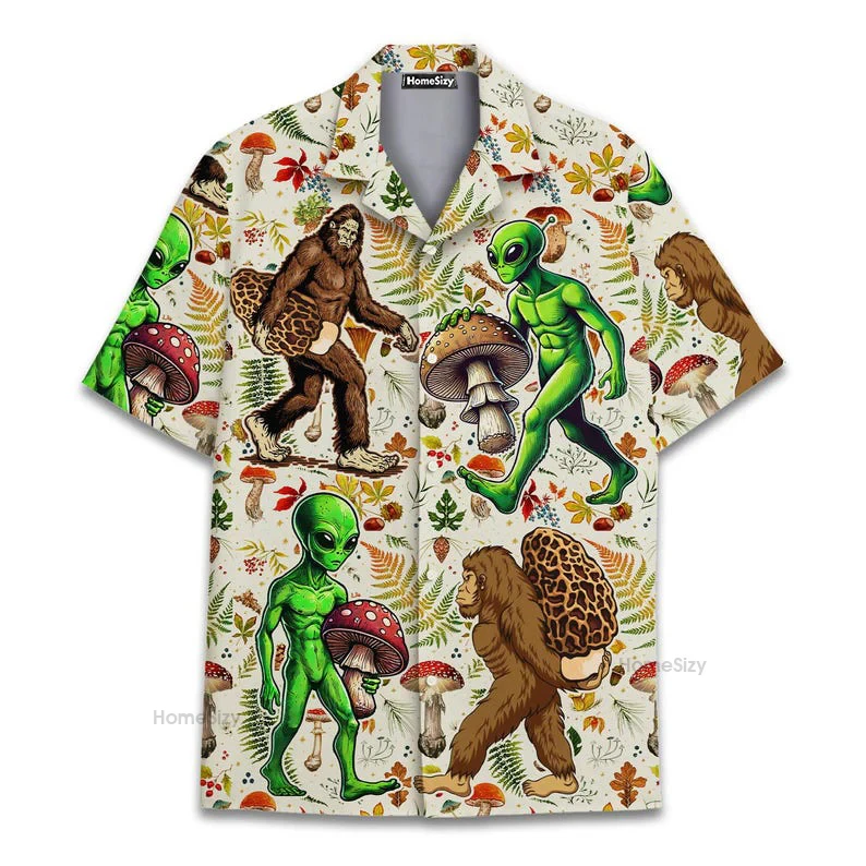 

Bigfoot Flamingo Graphic Fun Hawaiian Shirts For Man Personality Street Short Sleeve Shirt Vintage Leaves Vacation Men Clothing