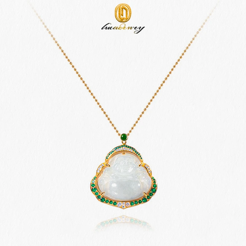 

A-Grade White Jadeite Buddha Head S Pure Silver Thick Gold-Plated Necklace For Women's Collarbone Chain Jade Pendant