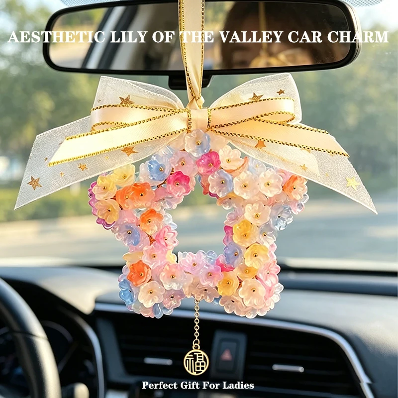 Lily of The Valley Car Pendant Luxury Floral Rearview Mirror Hanging Ornament Aesthetic Car Interior Decor Cute Auto Charm Gift