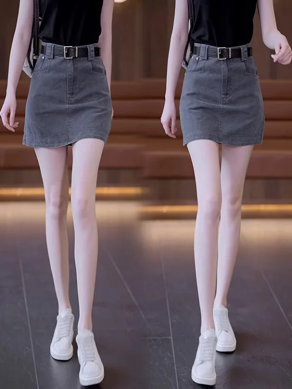 

Утягивающая юбка трапециевидной формы с высокой талией, джинсовая юбка, женская летняя тонкая ткань, чистый цвет, другой материал