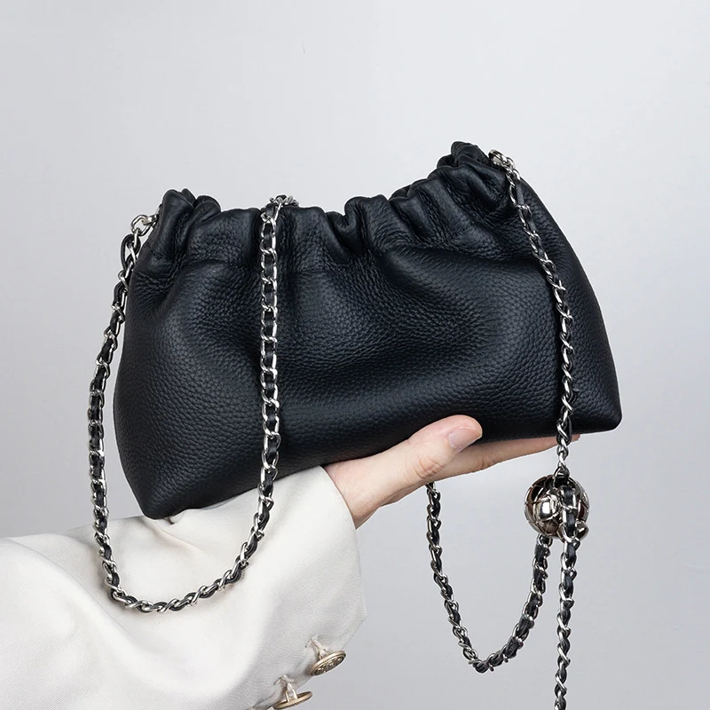 

Black Pebbled Genuine Cowhide Leather Bag Elegant Women Drawstring Design Adjustable Silver Chain Strap Crossbody Shoulder Bags
