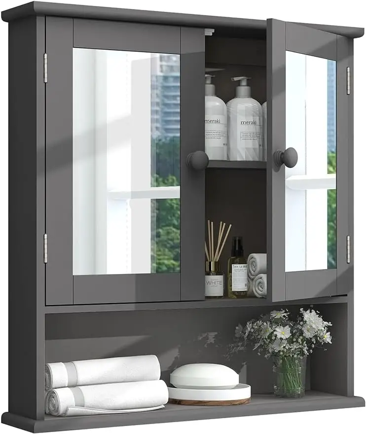 Grey Medicine Cabinet,Medicine Cabinets for Bathroom with Mirror 2 Doors 3 Open Shelf,Bathroom Cabinet Wall Mounted Woode