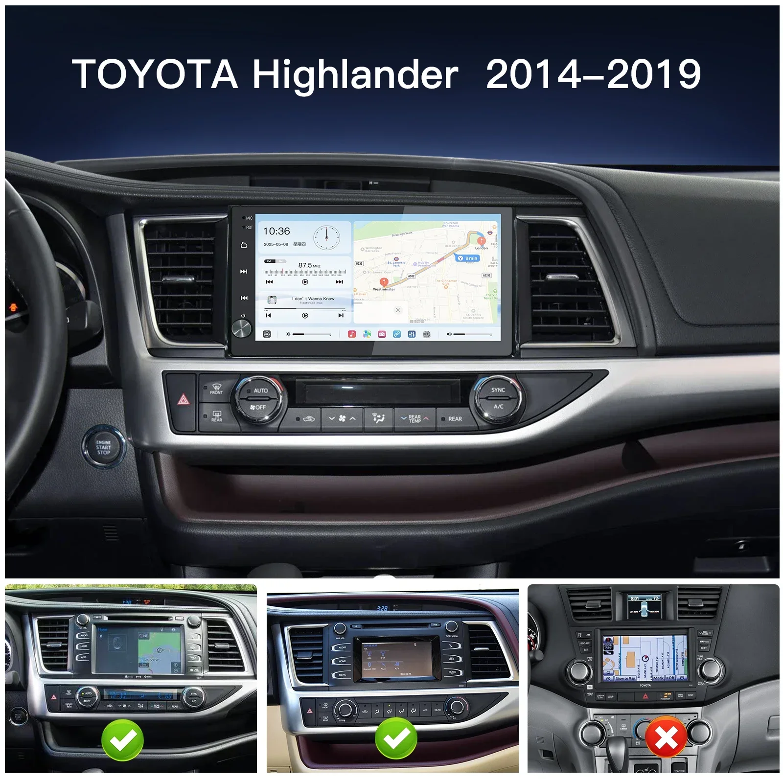 Carabc 13.2 Inch Radio Navigation Multimedia Screen Wireless AppleCarplay Android Auto for TO YOTAHighlander 2014-2019