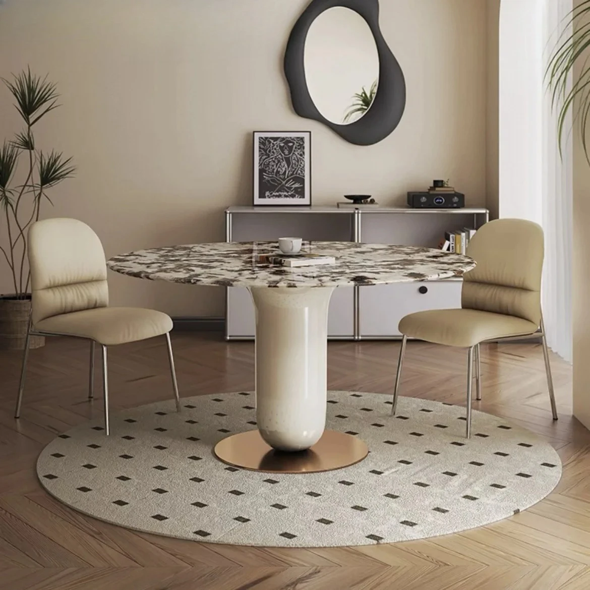 French light luxury cream style paint marble dining table round modern simplicity