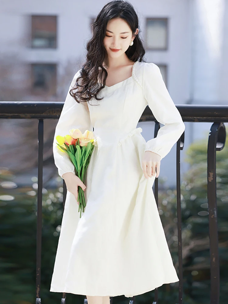 

Осеннее белое жаккардовое платье с квадратным воротником и бисером, роскошное женское платье, элегантное облегающее длинное платье, 2025 корейское винтажное праздничное платье, Vestidos