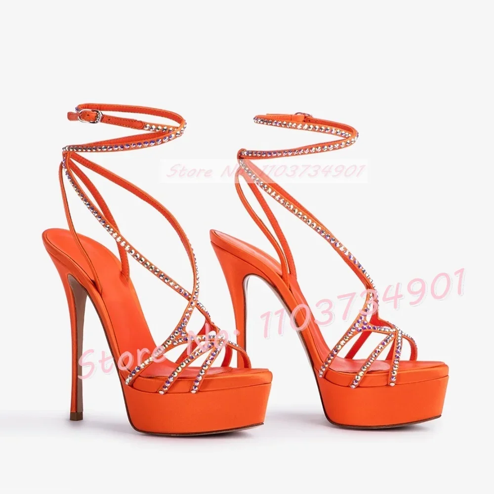 

Crystal Cross Strap Platform Satin Sandals Female Elegant Stiletto High Heels Shoes Women Fashion Party Ankle Strap Chic Sandals
