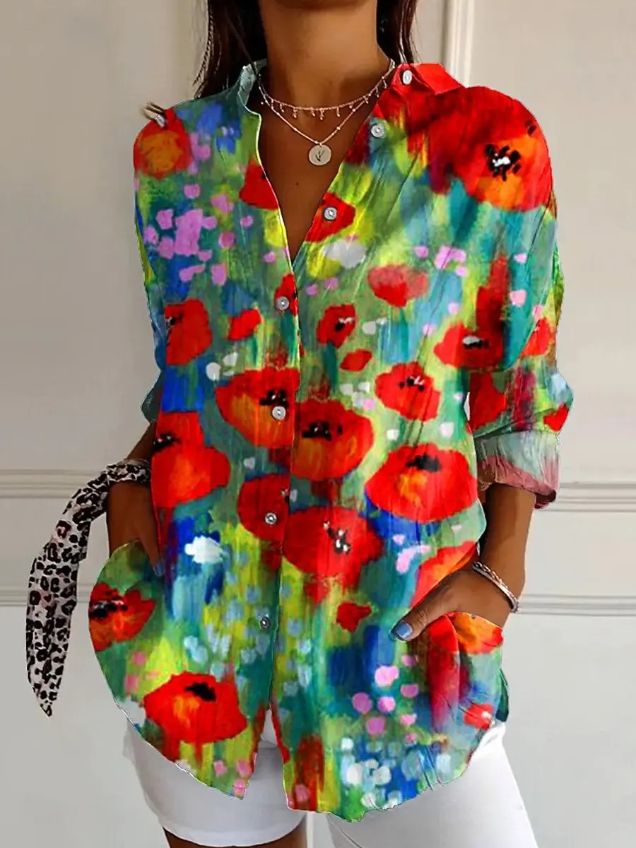 Gráficos florais femininos elegante vintage tropical impresso camisa de manga longa casual regular topos botão para baixo camisas vintage