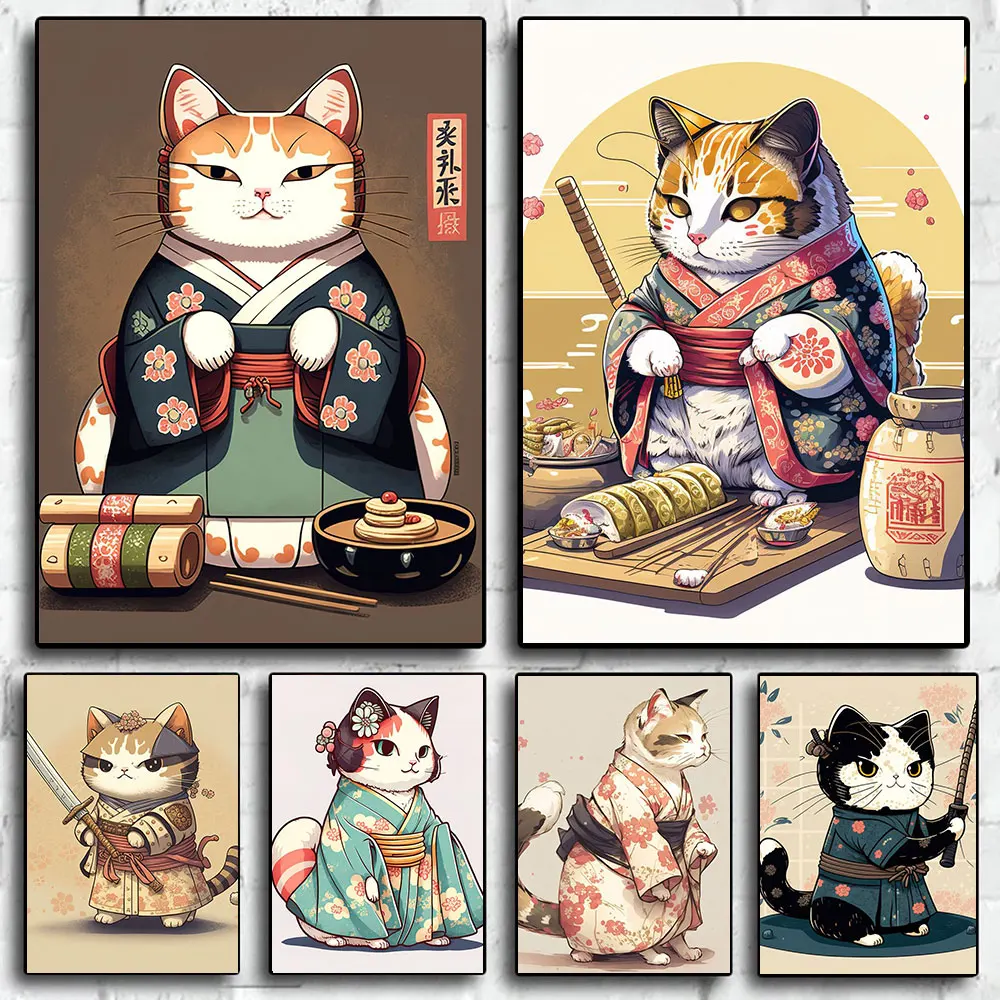 

Japanese Anime Chef Cat Posters And Print Abstract Samurai Cat Canvas Painting Wall Art Pictures for Living Room Home Decor Gift