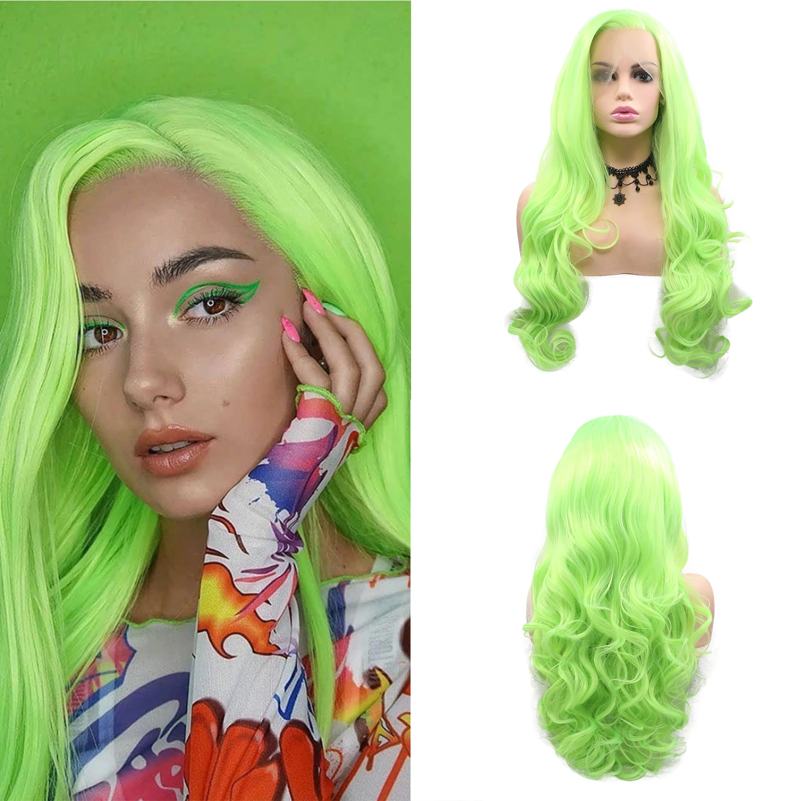 

Neon Green Lace Front Wig Long Wavy Synthetic Hair Wigs for Women Natural Hairline Fluorescent Green Heat Resistant Wigs 24 Inch