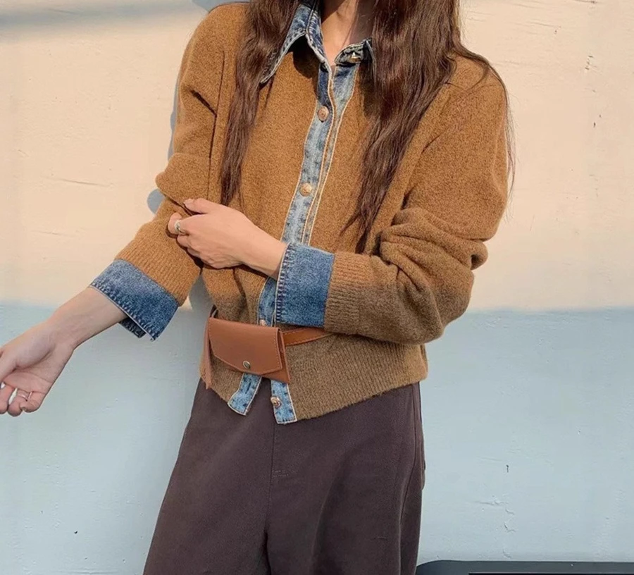 

2025 New Spliced Denim Sweater Jacket Women's Fake Two-piece Knitted Cardigan Top