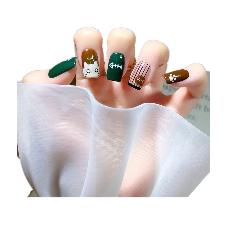 

Маникюр ручной работы на осень и зиму, милый кот, креативный мультфильм, ручная роспись, съемный доспех