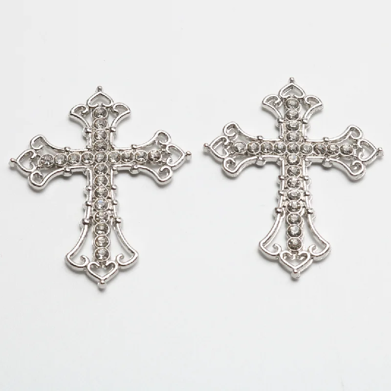 4pcs Silver Plated Hollow Handmade Rhinestone Catholic Crosses Pendant DIY Charms Necklace Earrings Jewelry Crafts Making P1077