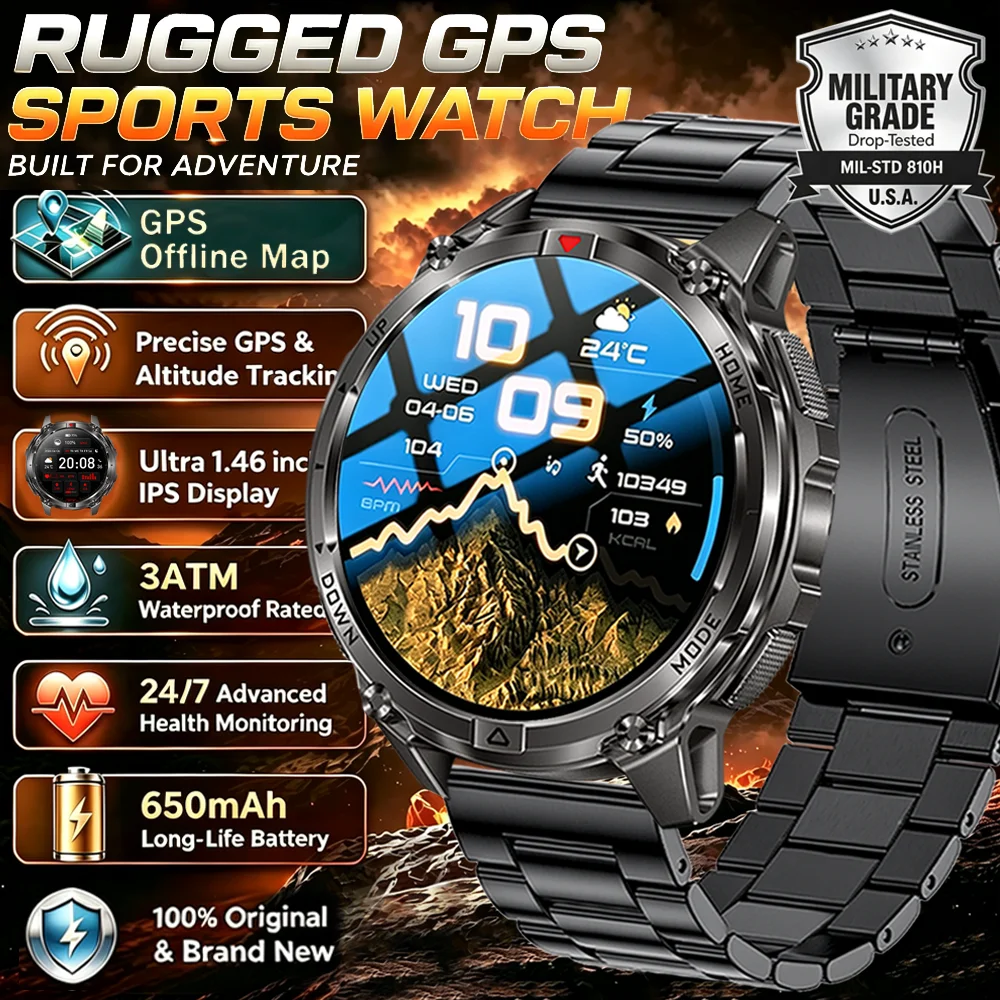 2026 Hot Sales Outdoor Durable GPS Sports Smart Watch Built-in GPS 650mAh Battery 3ATM Waterproof 1.46