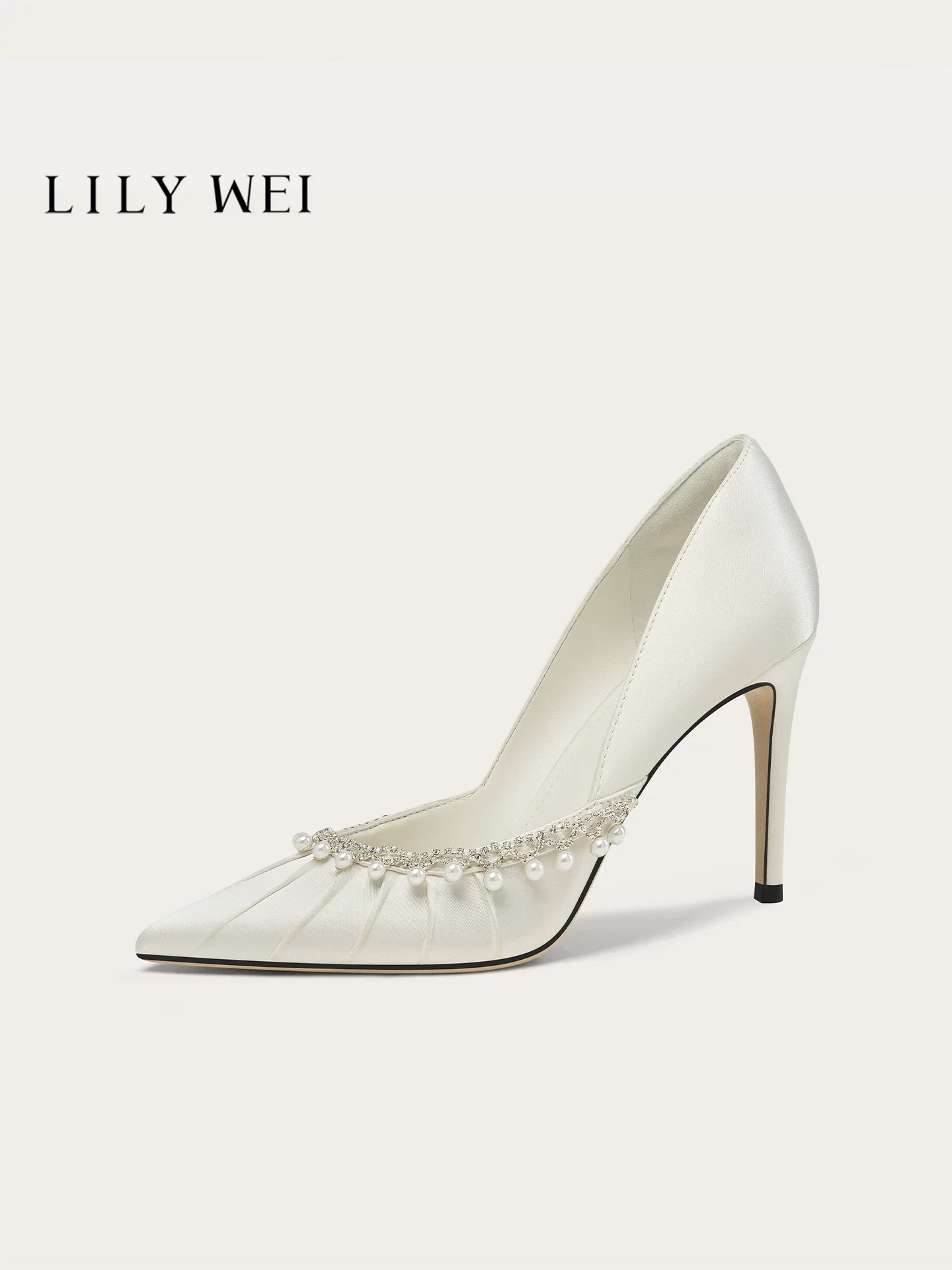 Spring New Pointed Water Diamond Pearl Chain Silk Wedding Shoes Banquet Large Size Small Size Widening High Heels Women's Shoes