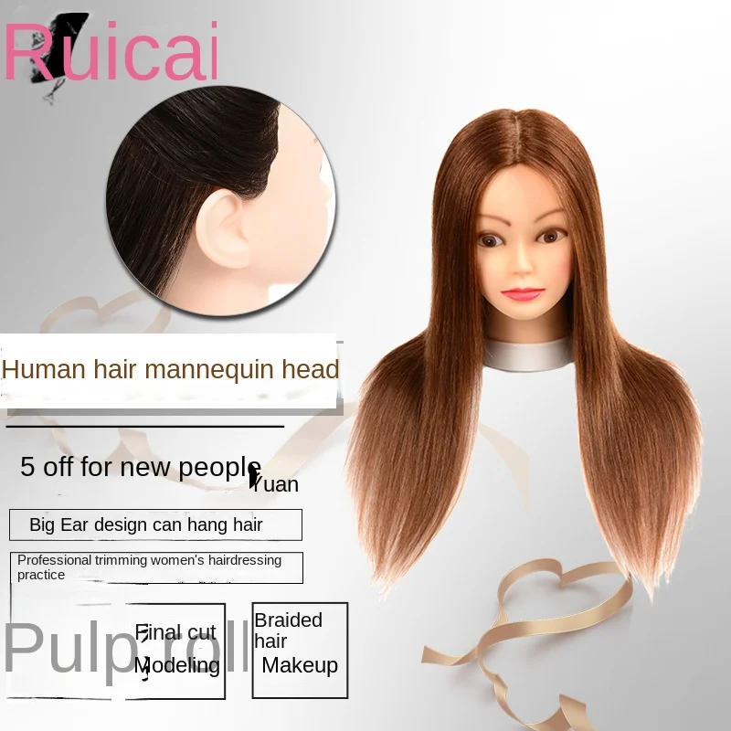 100% Humanhair Head Doll Head 18-inch Hair Model, Real Hair Model Practice Perm and Dyeing Modeling