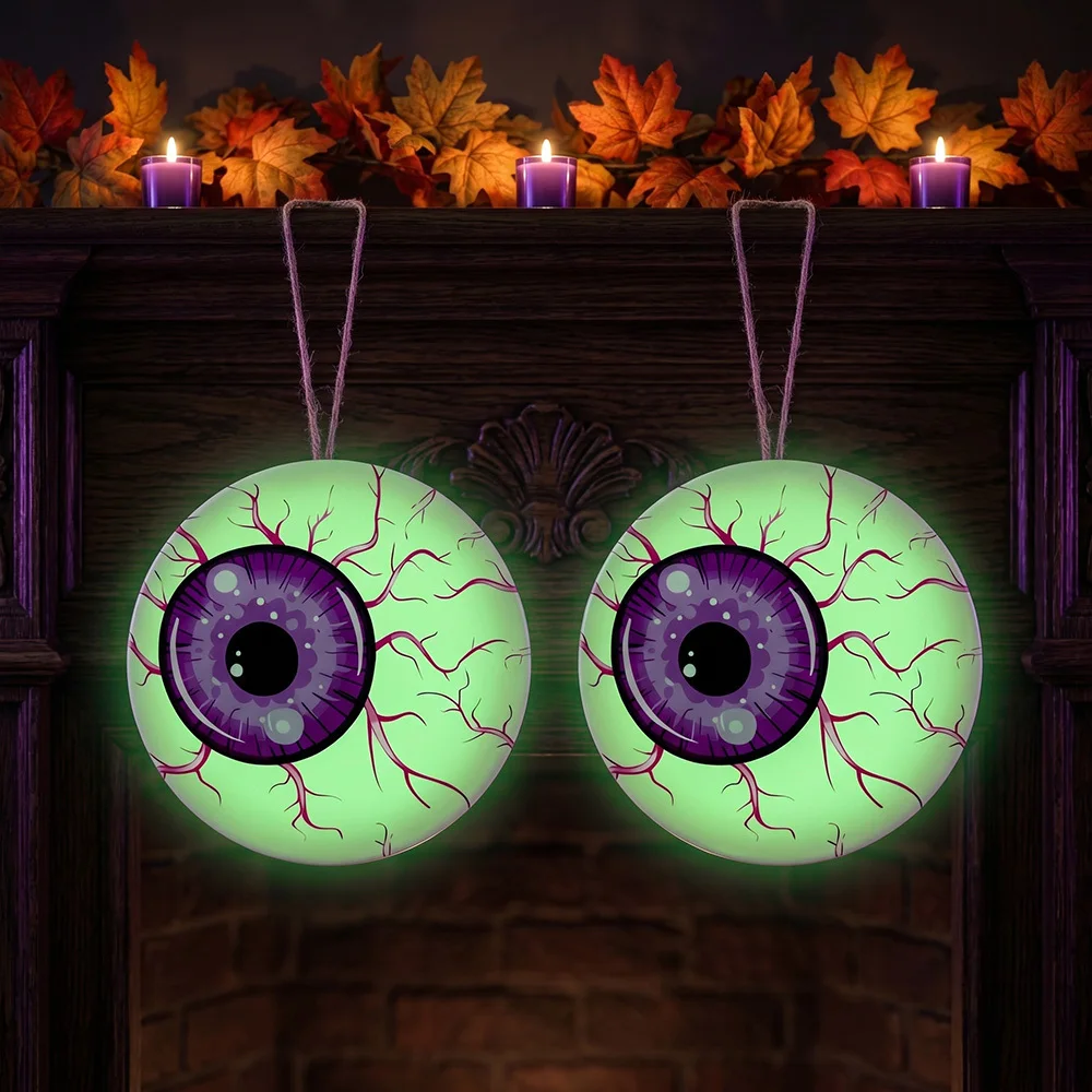 2pcs Glow-In-Dark Eyeball Halloween Eye-Catching Ornaments,Bloodshot Eerie Night Green Fluorescent Eyeballs Wooden