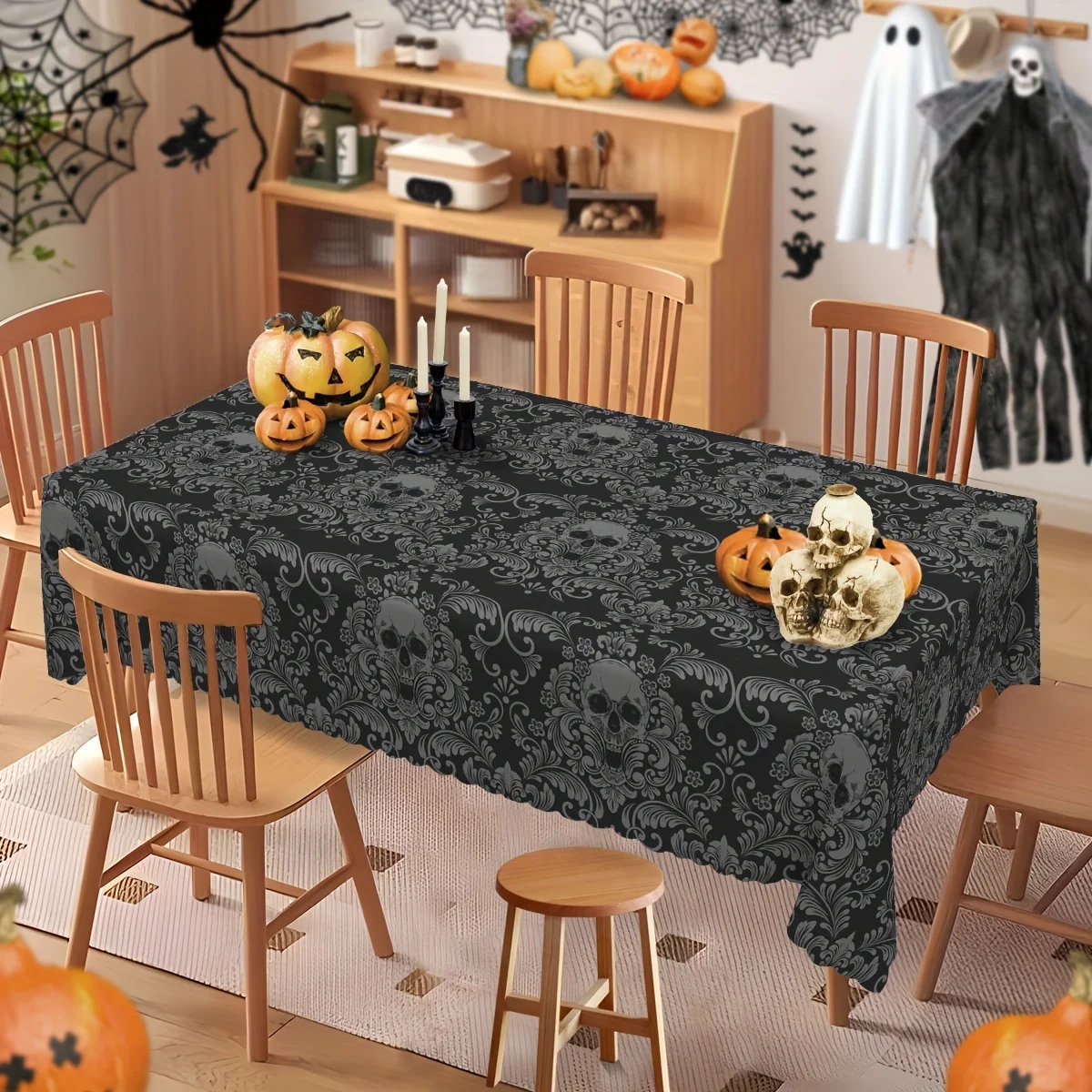 One Gothic-style black skull-print tablecloth - exquisite horror floral pattern, for Halloween partyzyc