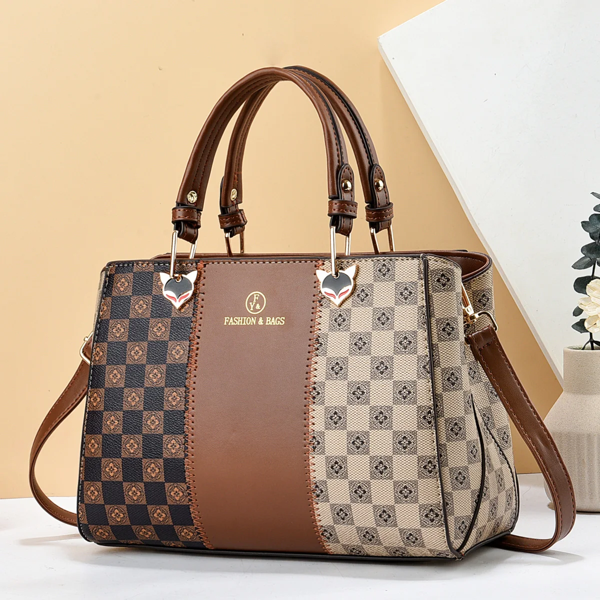 Colorblock Handbag For Women, Checkered Pattern Crossbody Bag, Trendy Top Handle Purse