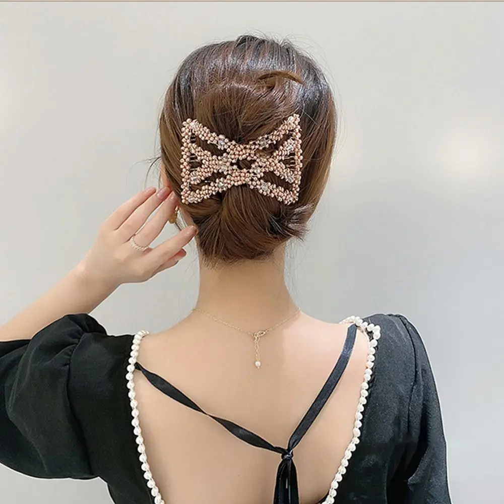 New Plastic Pearl Elastic Hair Hairpin Butterfly Rhombus Double Side Bun Hair Styling Tool Fancy Clip Combs Girl