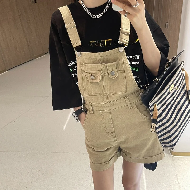 Khaki Workwear Denim Shorts Women's High Waist Wide Leg Cuffed Straight Cut Hot Pants Fashionable Minimalist Trousers