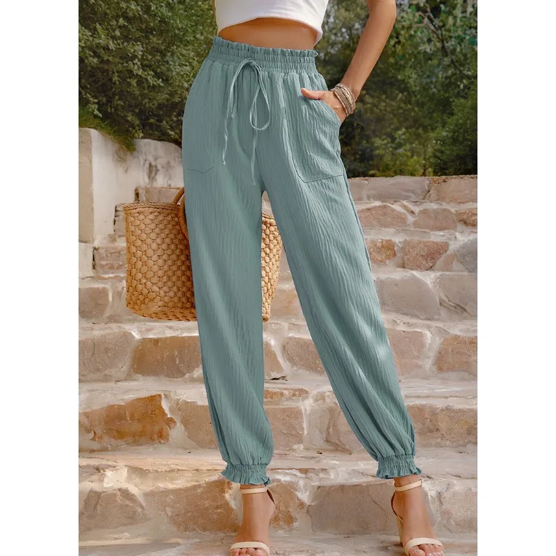 Calça feminina de cintura alta monocromática de gravata casual harém, roupa feminina, calças temperamentadas de deslocamento, nova moda, verão, 2024