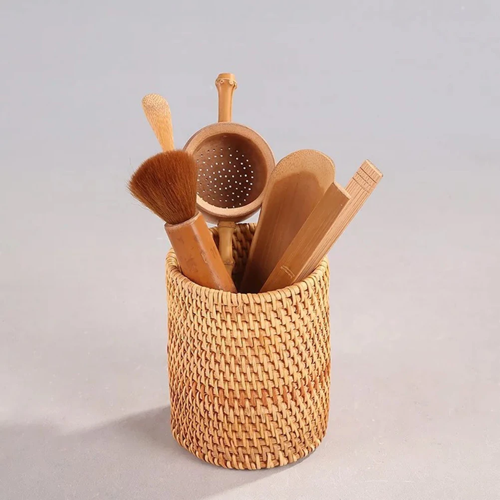 

Tea Set Basket Rattan Woven Container Pen Holder Storage Canister Six Gentlemen Round Bamboo Vase Household Gift