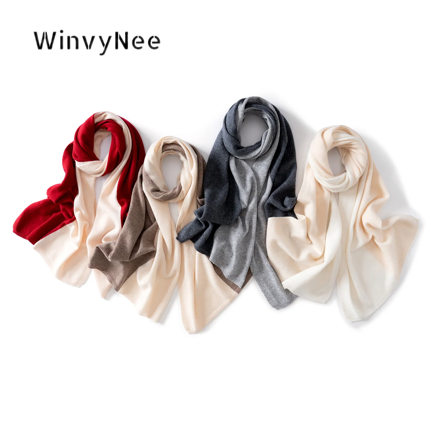 WinvyNee Women Two‑Tone Spliced Pure Wool Knitted Scarf Gentle Warmth Elastic Soft Trendy Fashion For Spring Autumn ZG1883010