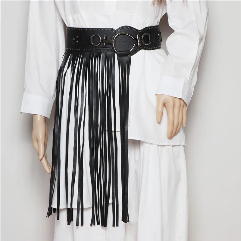 Women Punk Wide Elastic Waist Belt Tassel Fringe Skirt Belt Vintage PU Leather Waistband Belt with Buckle for Party Dance XS-XL